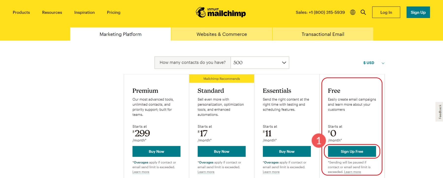 Step 2 - Select Free Mailchimp Email Marketing Tier