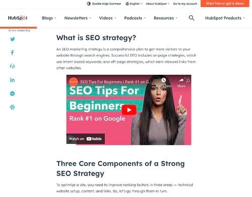 best blog ideas, HubSpot marketing post about SEO featuring a video.