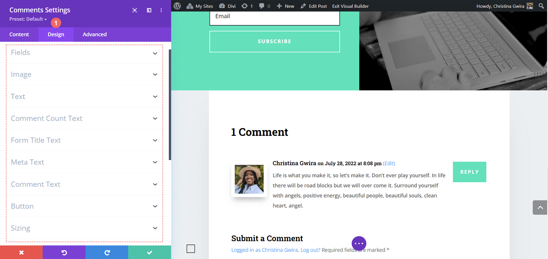 Settings within the Comments Module Design Tab