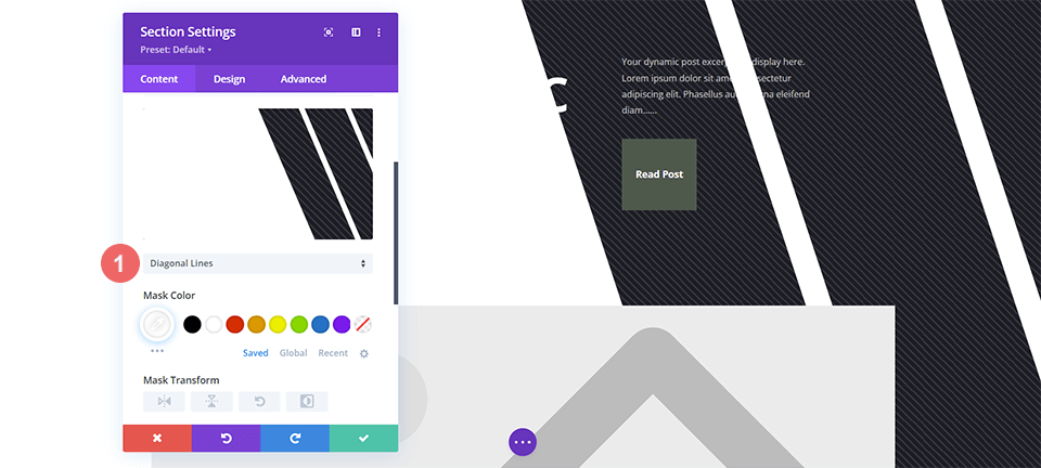 Choosing the Diagonal Lines Background Mask for the Divi Corporate blog header design