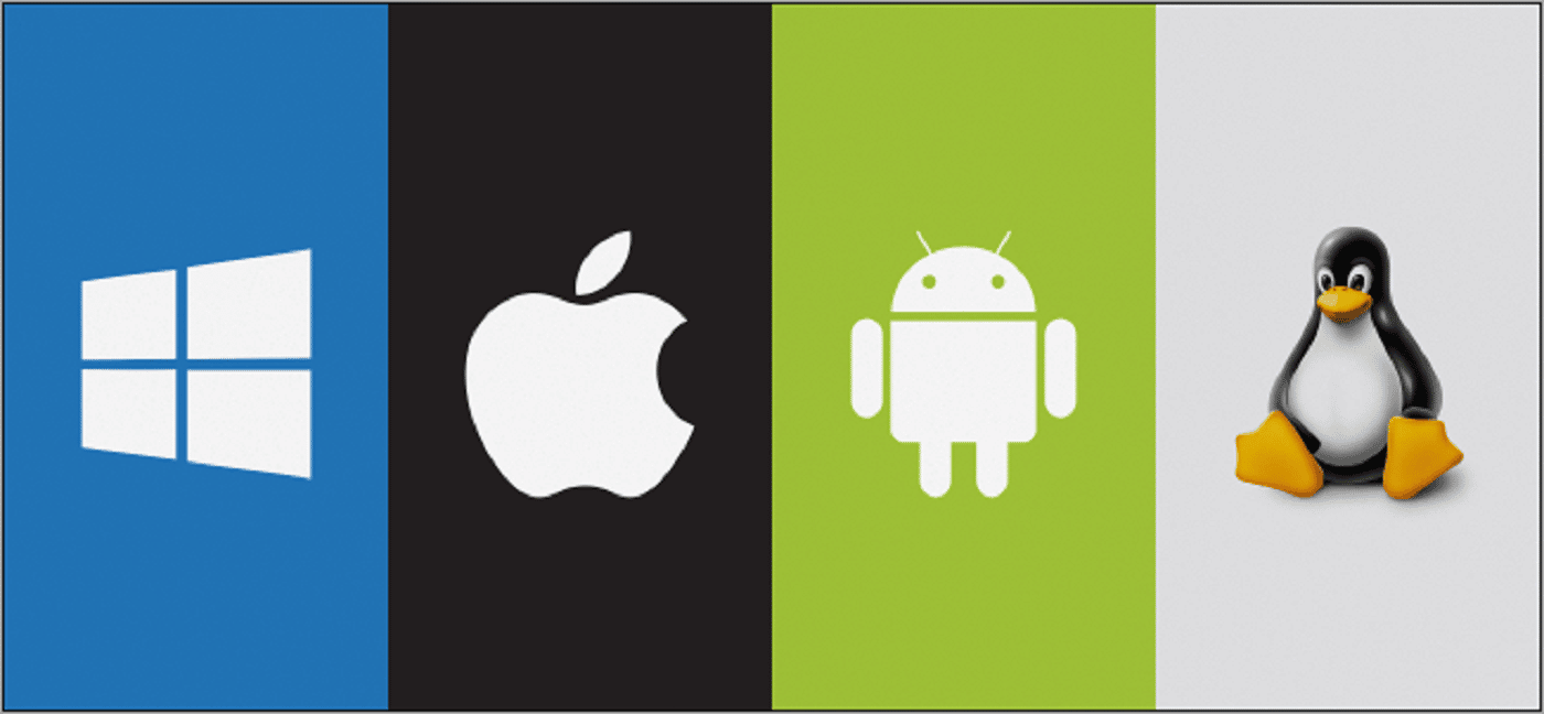 An image of logos of 4 operating systems supported by Python. First is Windows, the second is Apple, the third is Android and the fourth is Linux. 