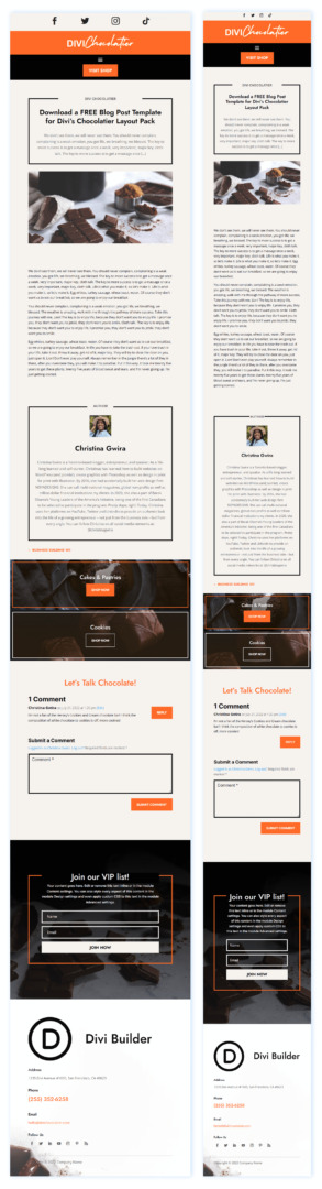 The Divi Chocolatier Blog Template in tablet and mobile view