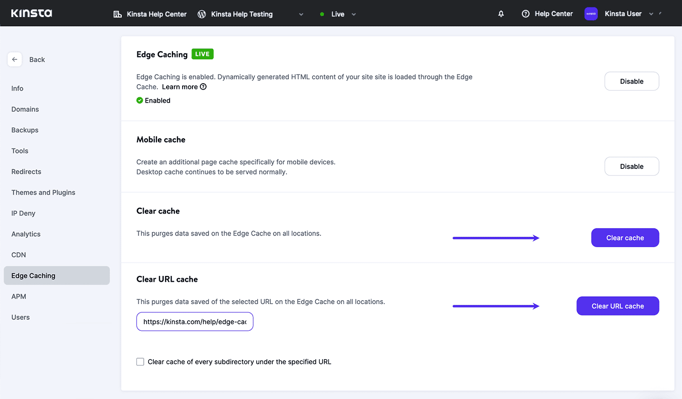 Screenshot: Clearing caches in MyKinsta.