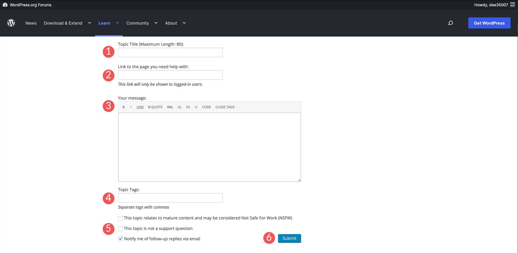 fill out the forum topic WordPress beta