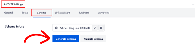 Click the Generate Schema button in AIOSEO