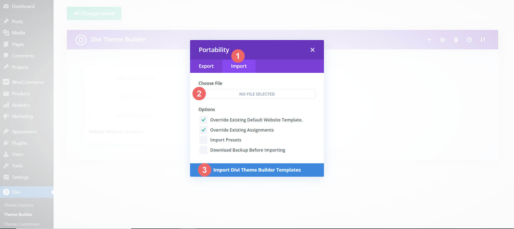 Finish importing the template into the Divi Theme Builder