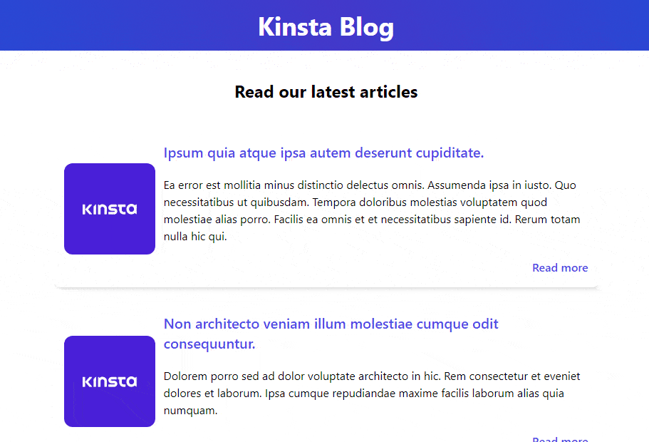 A scrolling image showing a functioning version of the "Kinsta Blog" example from earlier.