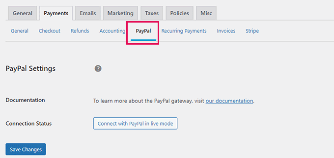 PayPal settings