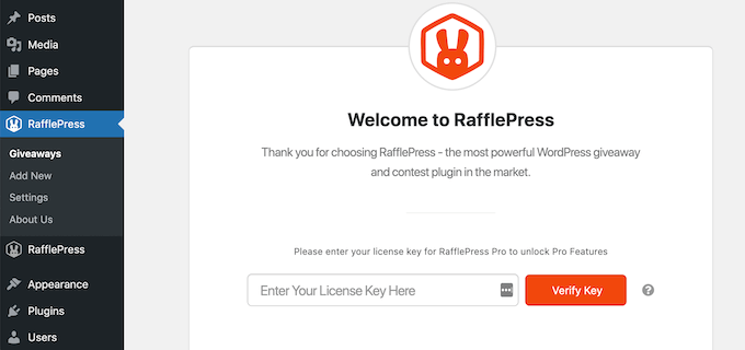 Adding the RafflePress license key