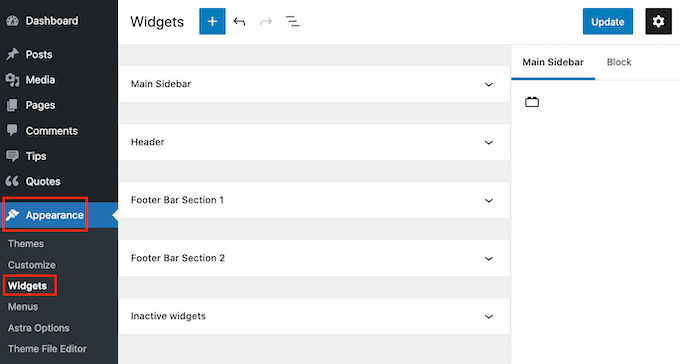 The WordPress 'Widgets' settings