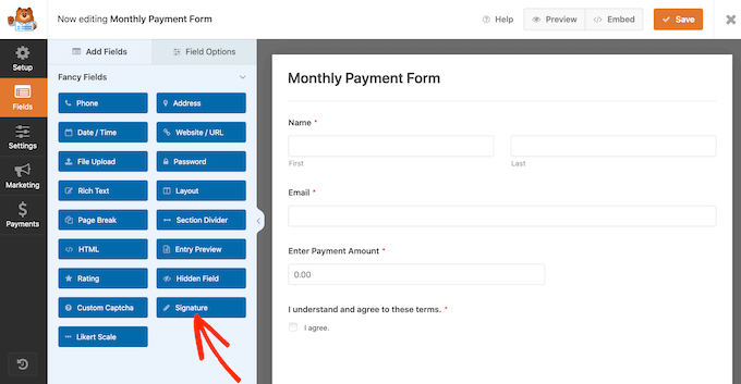 A Signature field inside the WPForms editor