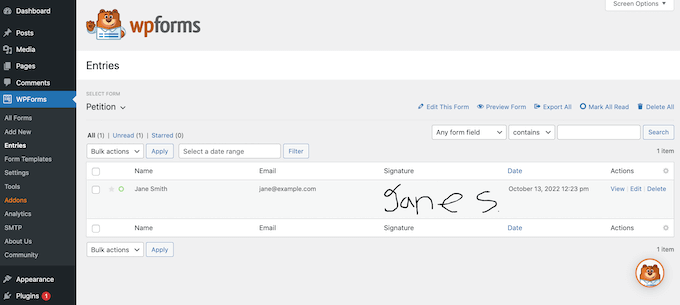 Electronic signatures collected using WPForms