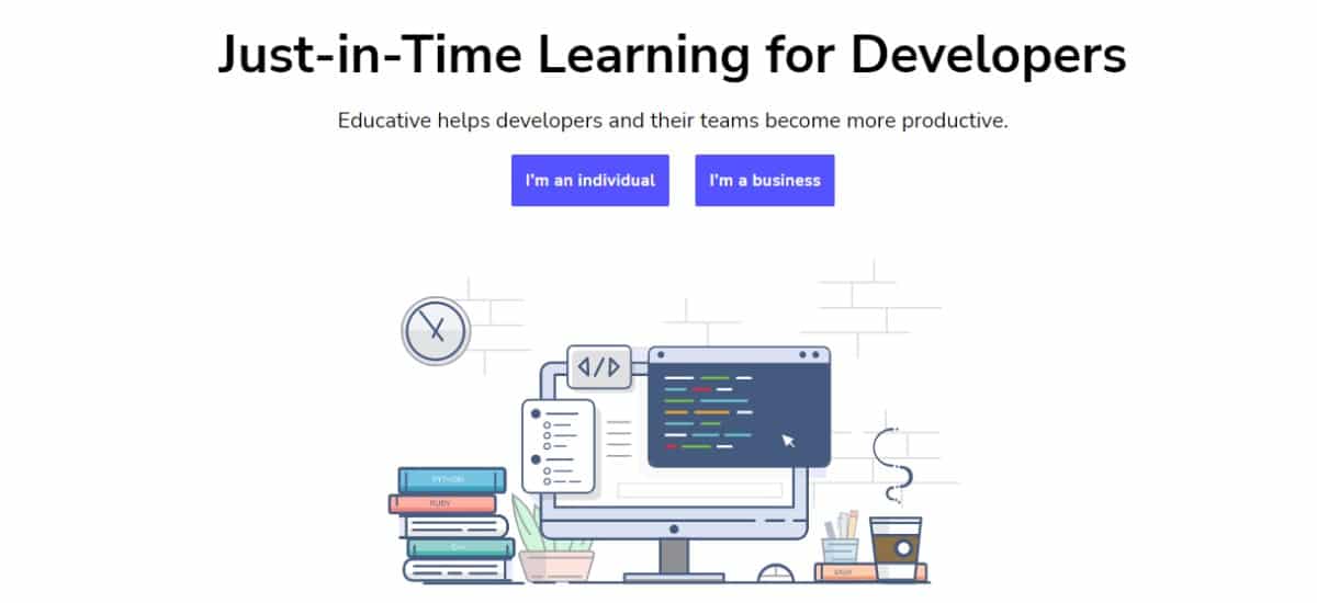 Showing a learning heading for developers along with two buttons below it and a picture of a desktop along with books, coffee, and other items