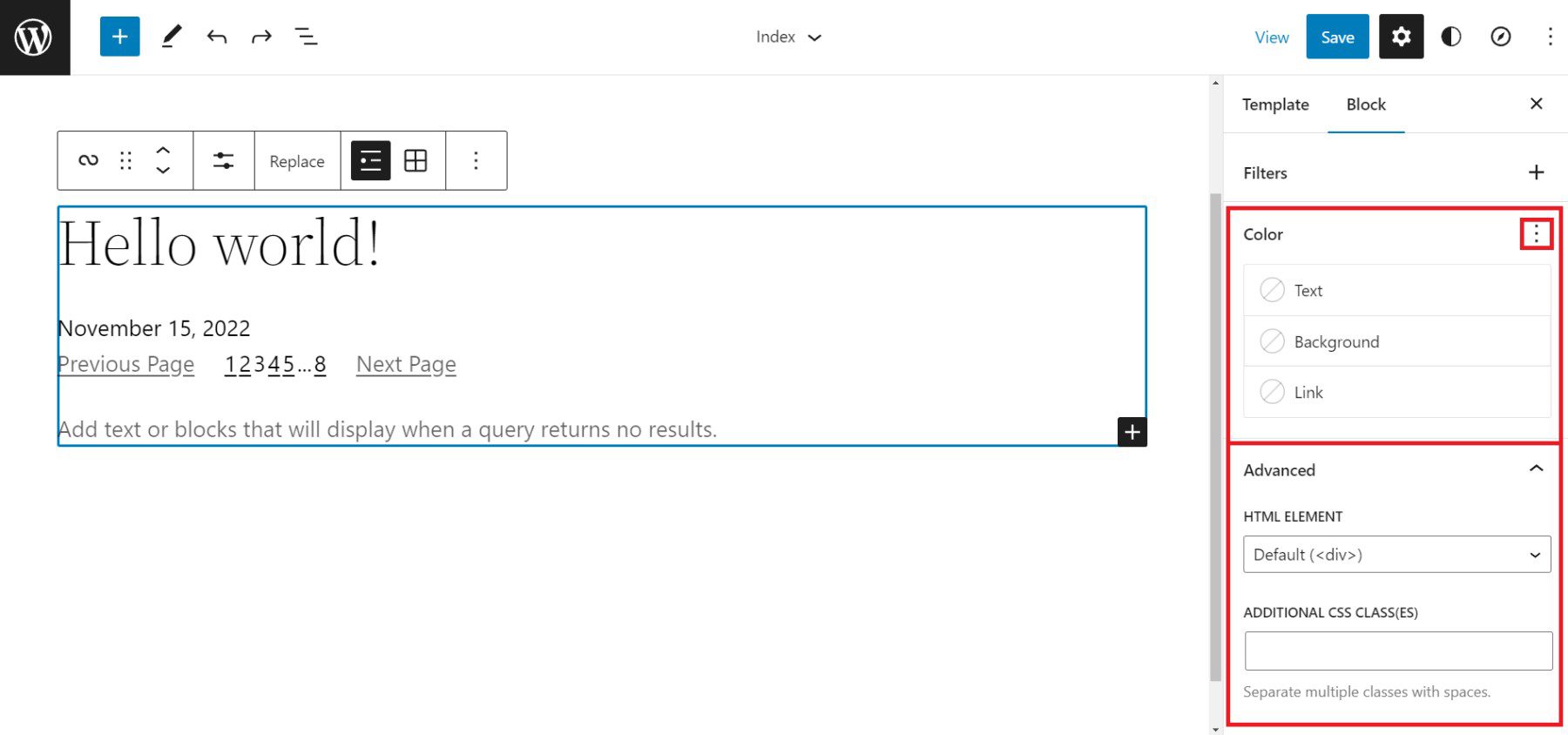 Query Loop Sidebar Settings - Color and Advanced Settings