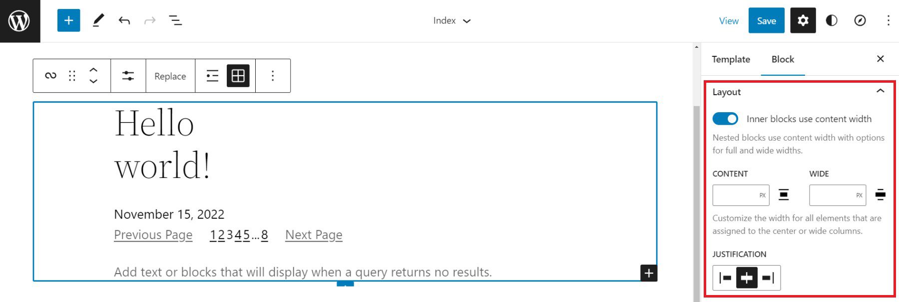 Query Loop Sidebar Settings - Layout Nested Content Width