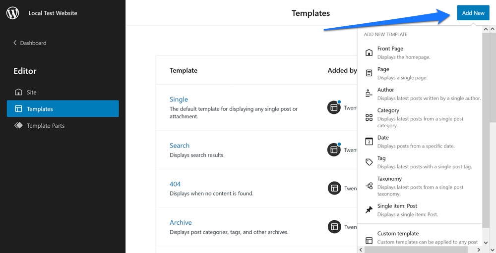 add custom templates in wordpress site editor