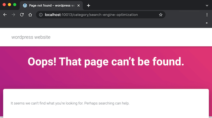 A 404 error page on a category archive page