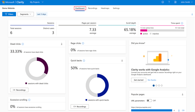Viewing the Microsoft Clarity analytics dashboard