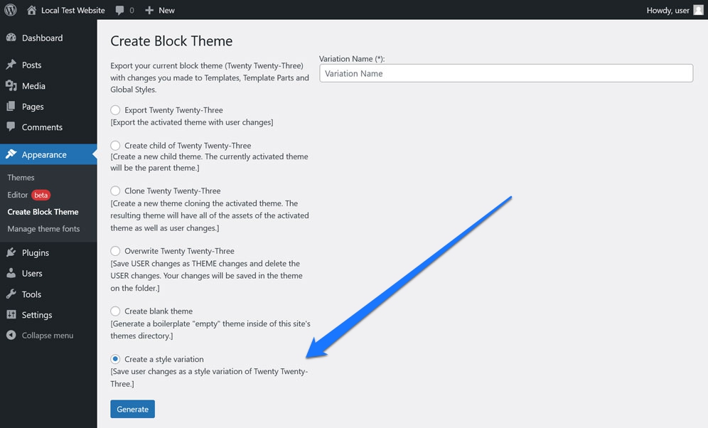 create style variation with the create block theme plugin