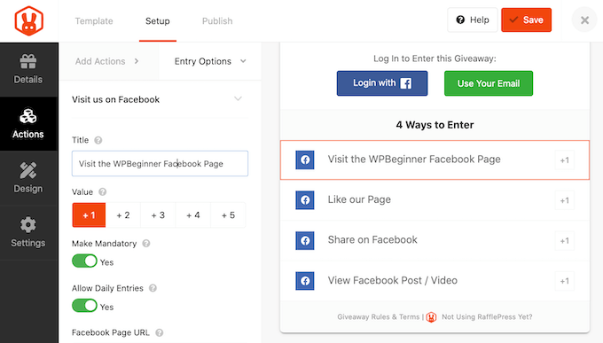 How to customize a Facebook giveaway action
