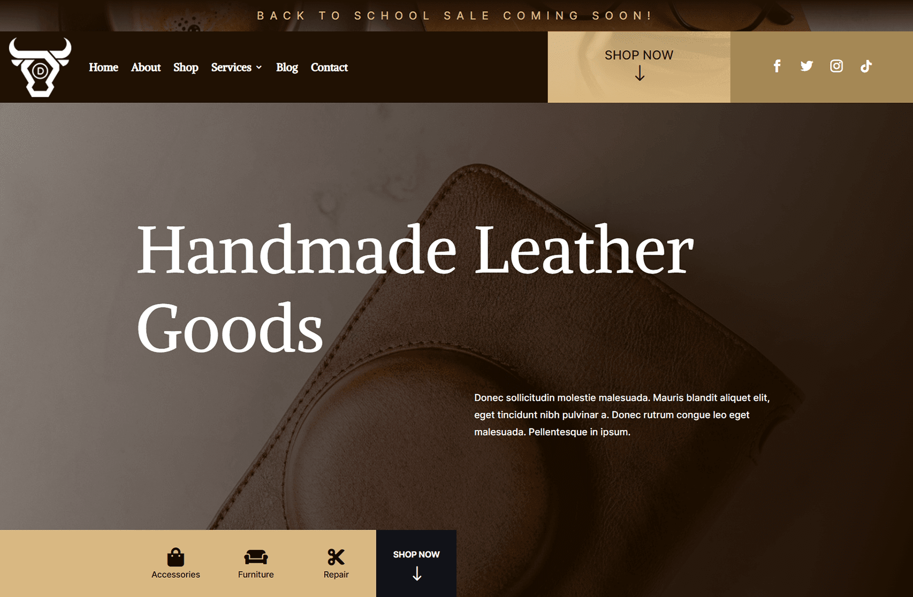 Header design for Divi Leather Goods Layout Pack, desktop view