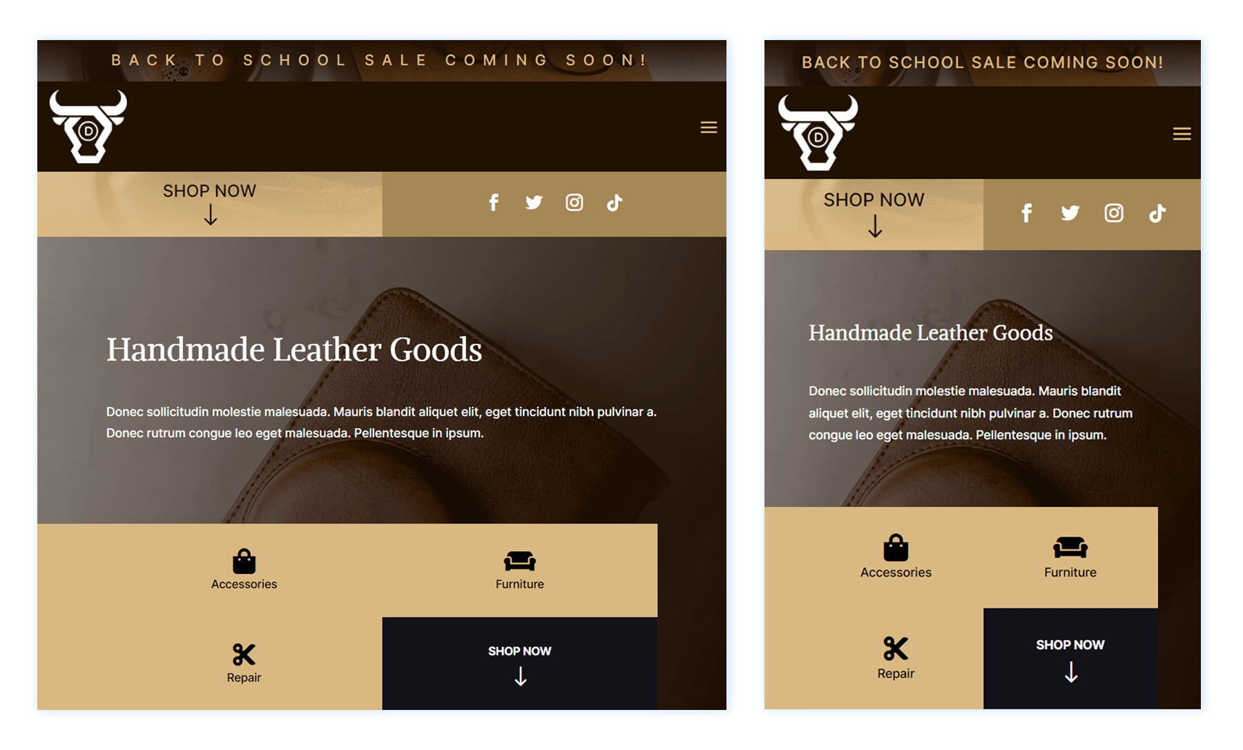 Header design for Divi Leather Goods Layout Pack, tablet and mobile view