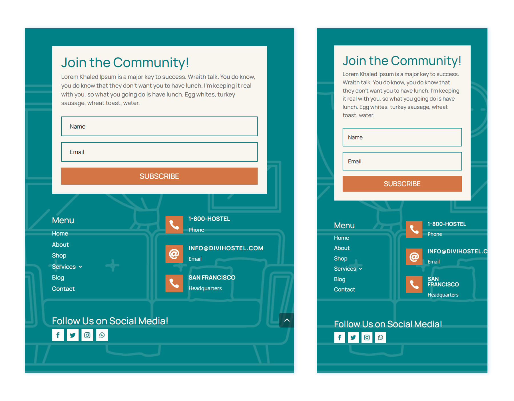 Divi Hostel Footer Template preview for tablet and mobile