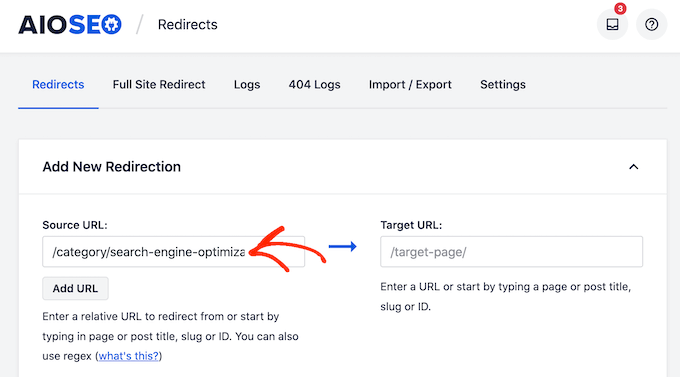 Adding a source URL for your category redirect