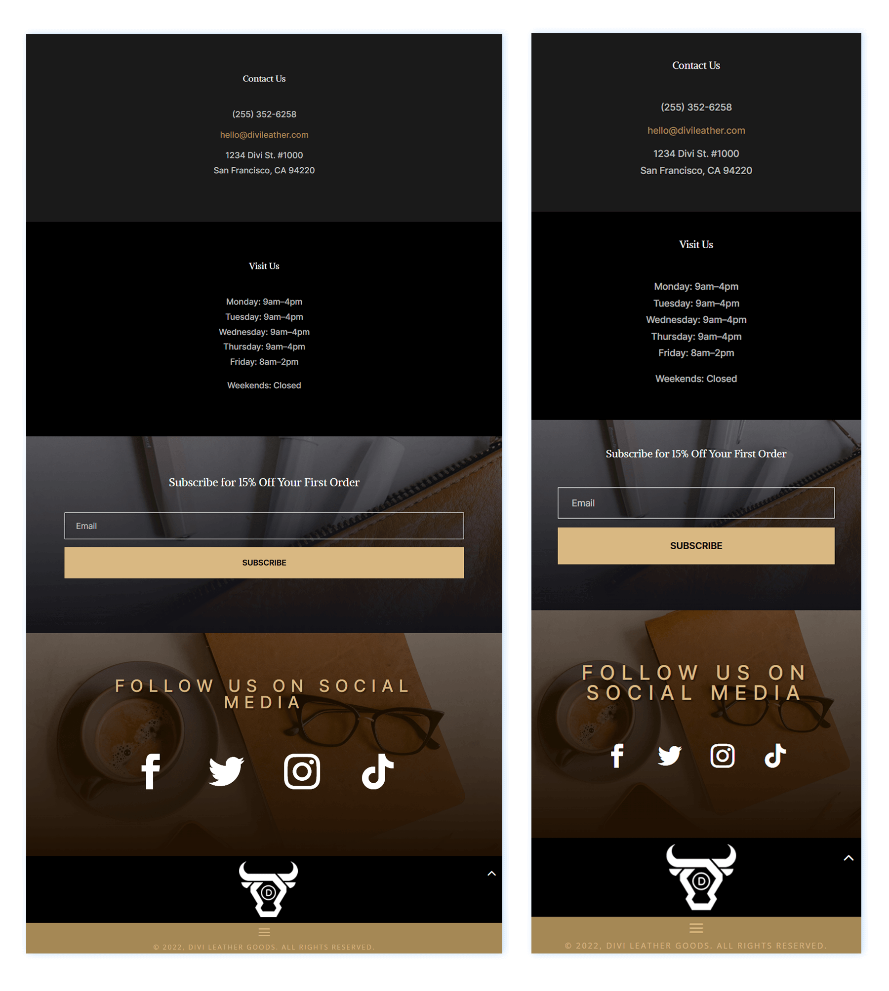 Footer design for Divi Leather Goods Layout Pack, tablet and mobile view