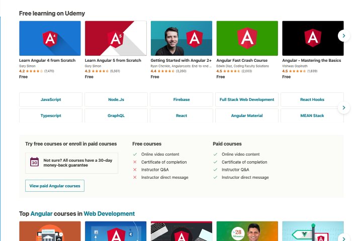 List of free Angular course in Udemy website