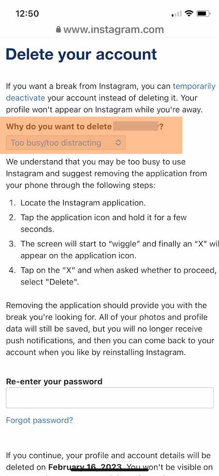 How to delete Instagram example: Why do you want to delete your account?