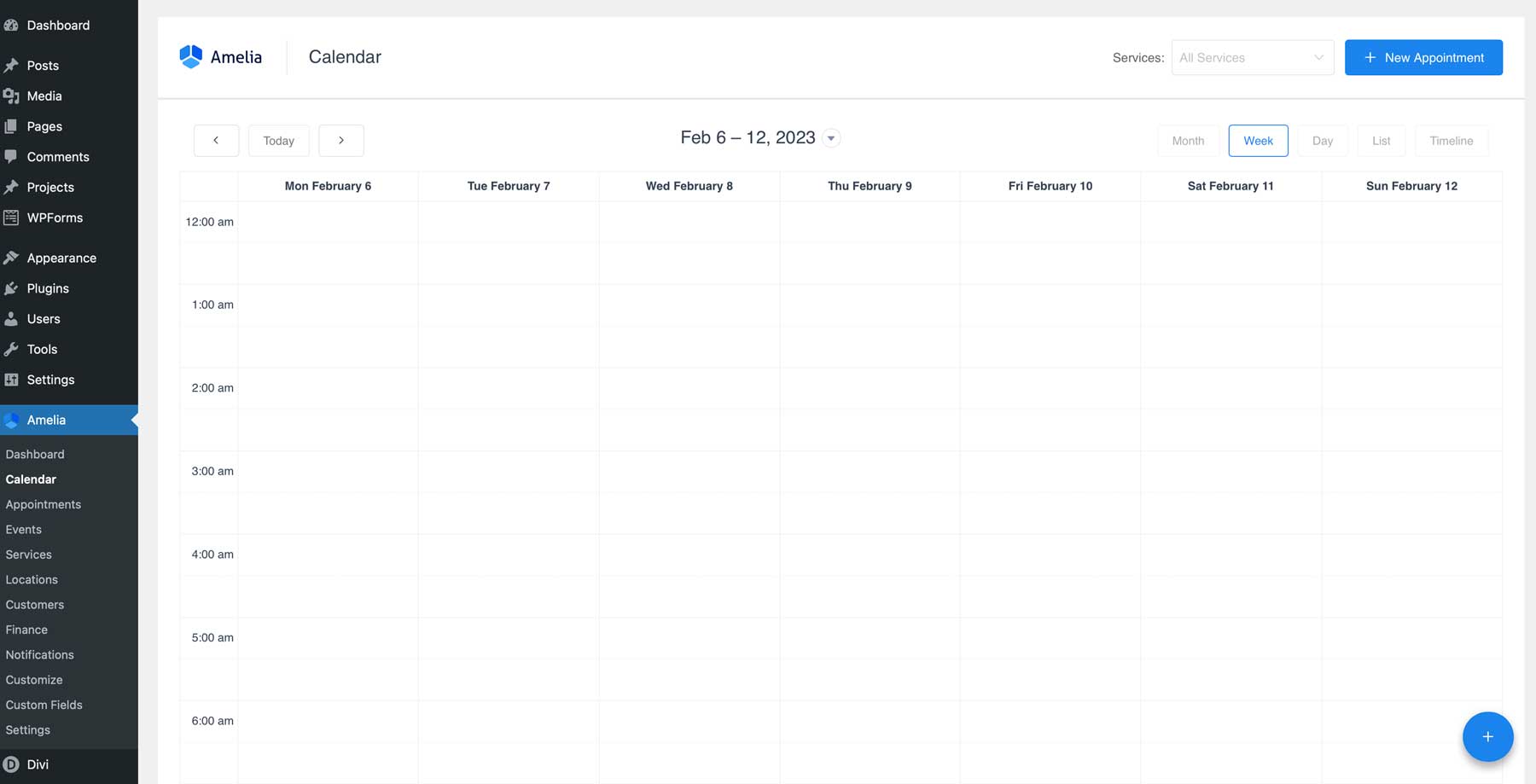 The back-end calendar view of the Amelia WordPress booking plugin