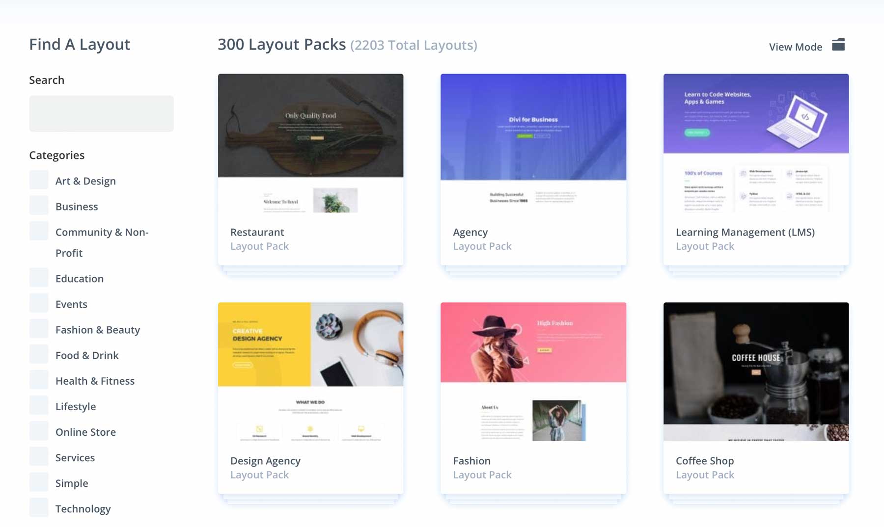 The selection of Divi Builder premade layouts for landing pages