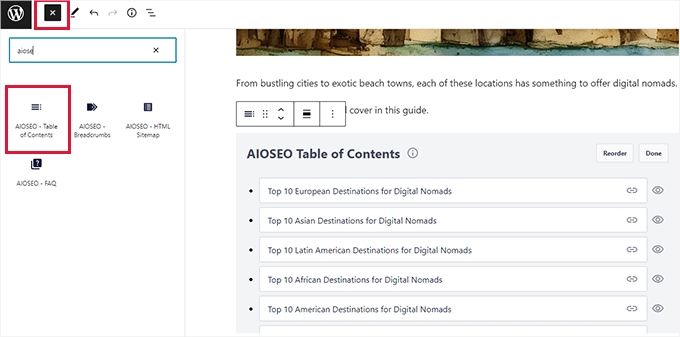 Add table of content block