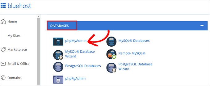 Click the phpMyAdmin option in the cPanel