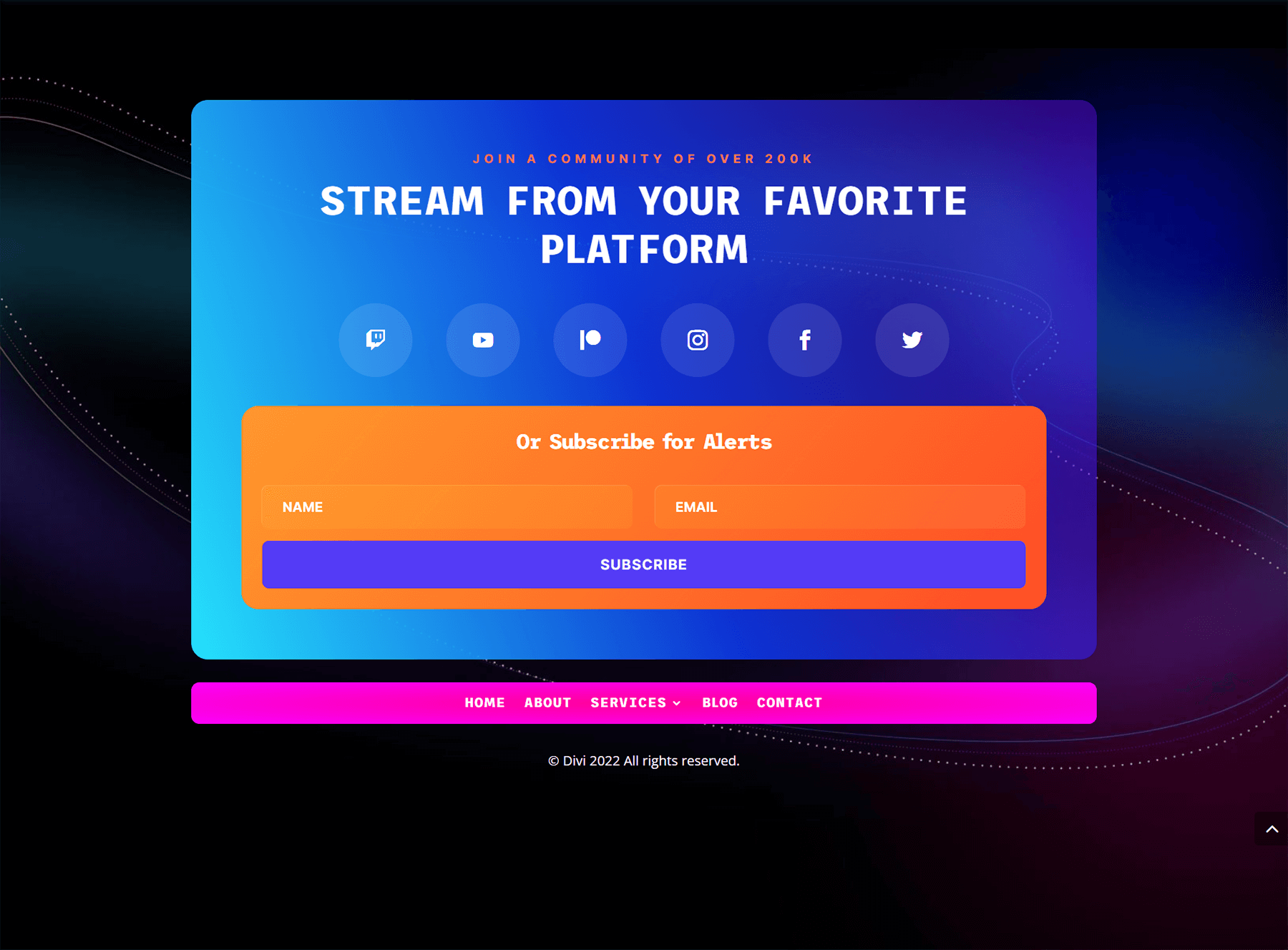 Footer design for the Divi Streamer Layout Pack for desktop