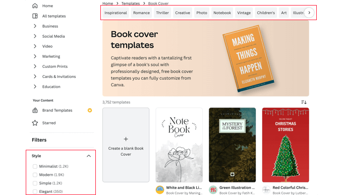 Filtering the Ebook Cover Templates in Canva