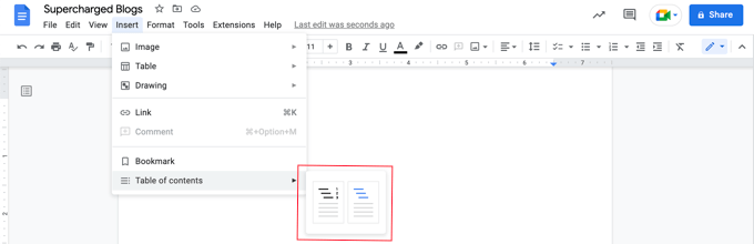 Inserting a Table of Contents in Google Docs