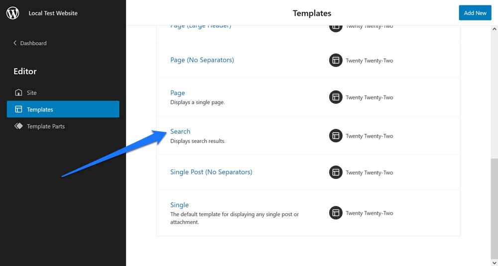 find search template in site editor to customize wordpress search results page