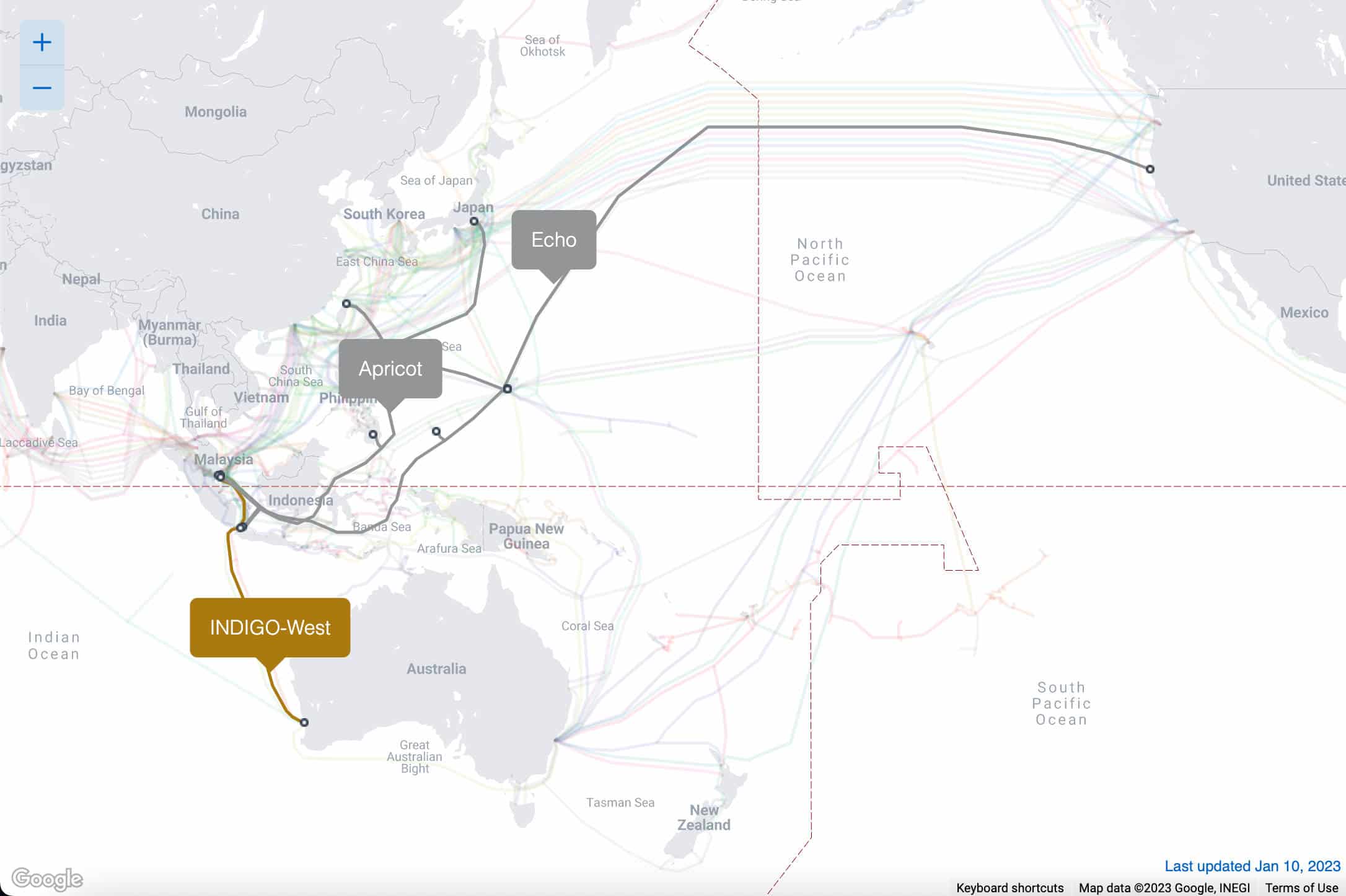 A map showing Indigo-West, Echo and Apricot submarine cables