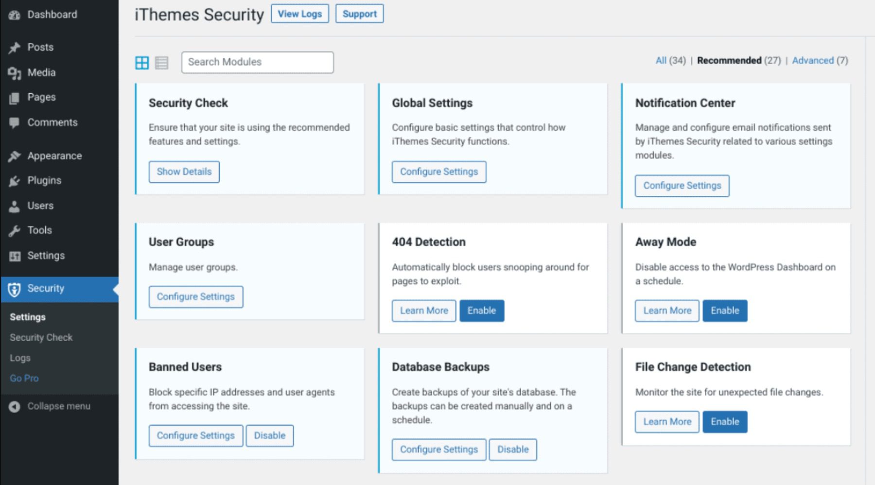 The iThemes Security plugin settings.