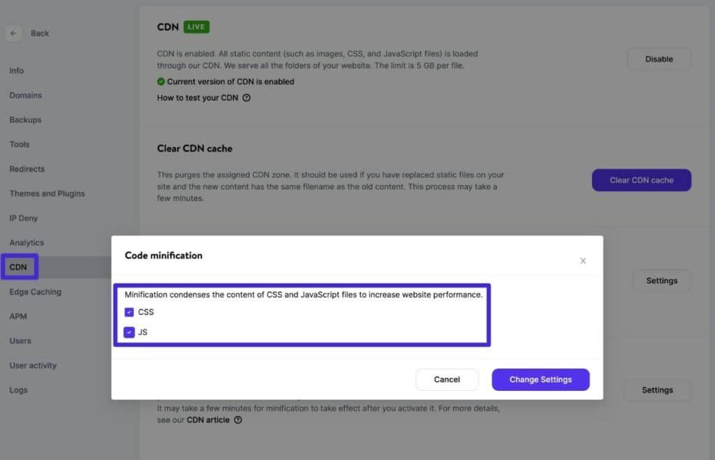 How to enable Kinsta code minification.