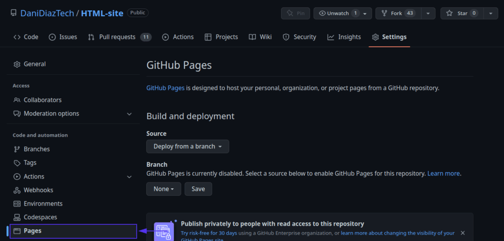 Repository settings page with an arrow pointing to the “Pages” option, and the message “GitHub Pages is currently disabled”.