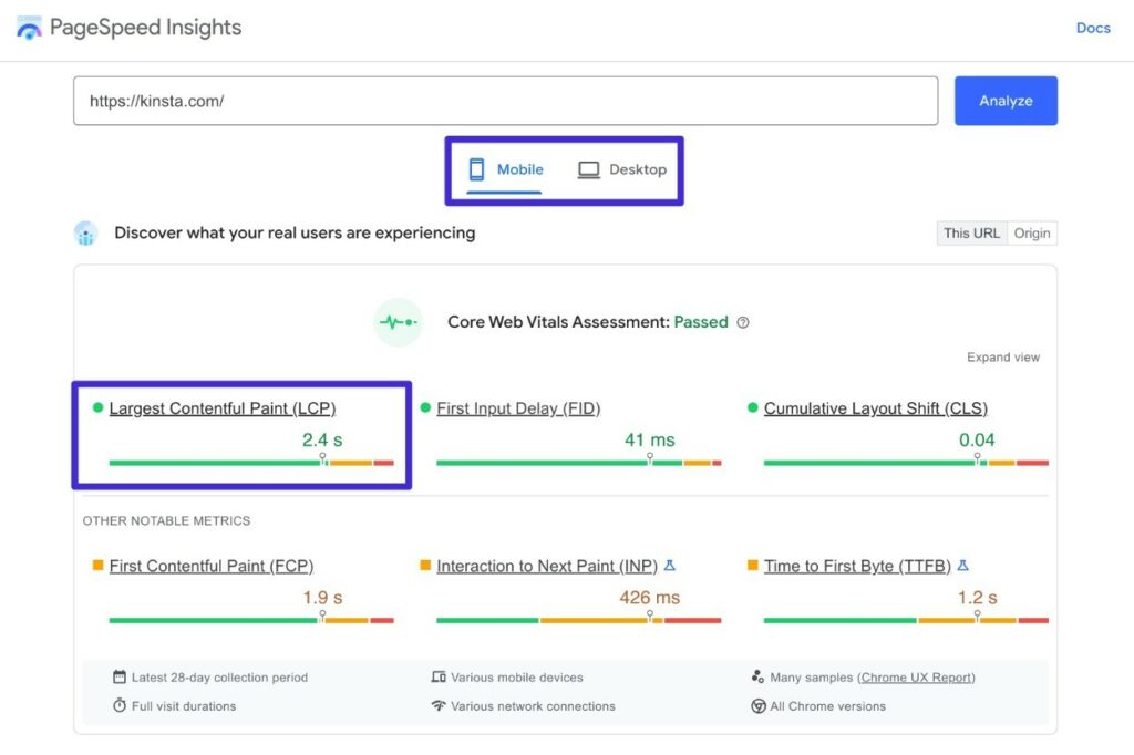 LCP times in PageSpeed Insights.