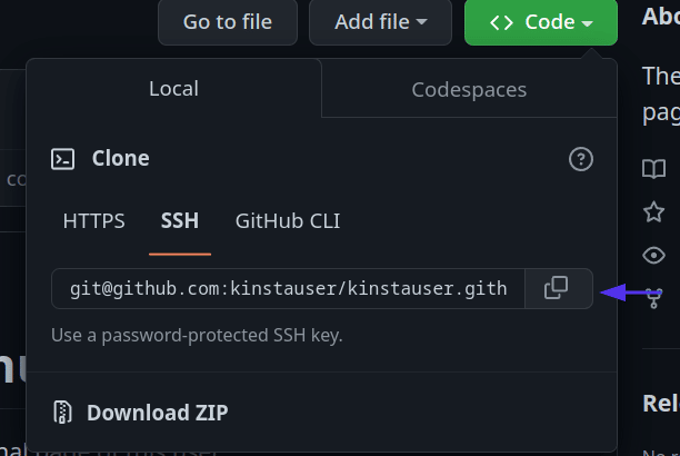 Code tab of a GitHub repository with an arrow pointing to the copy SSH URL option.