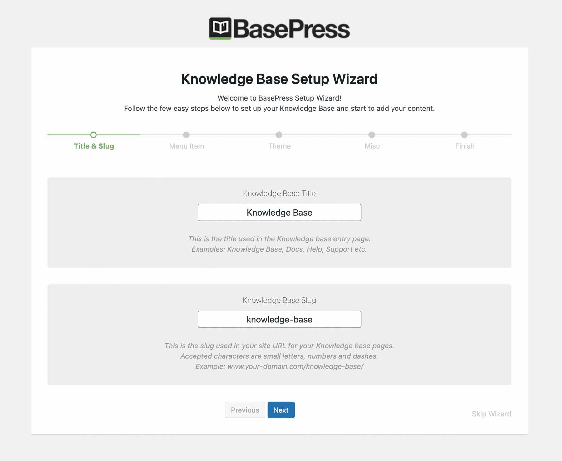 BasePress configuration wizard