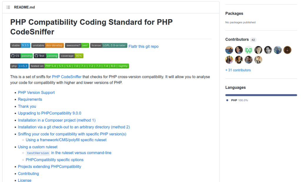 Screenshot from the PHPCompatibility GitHub page