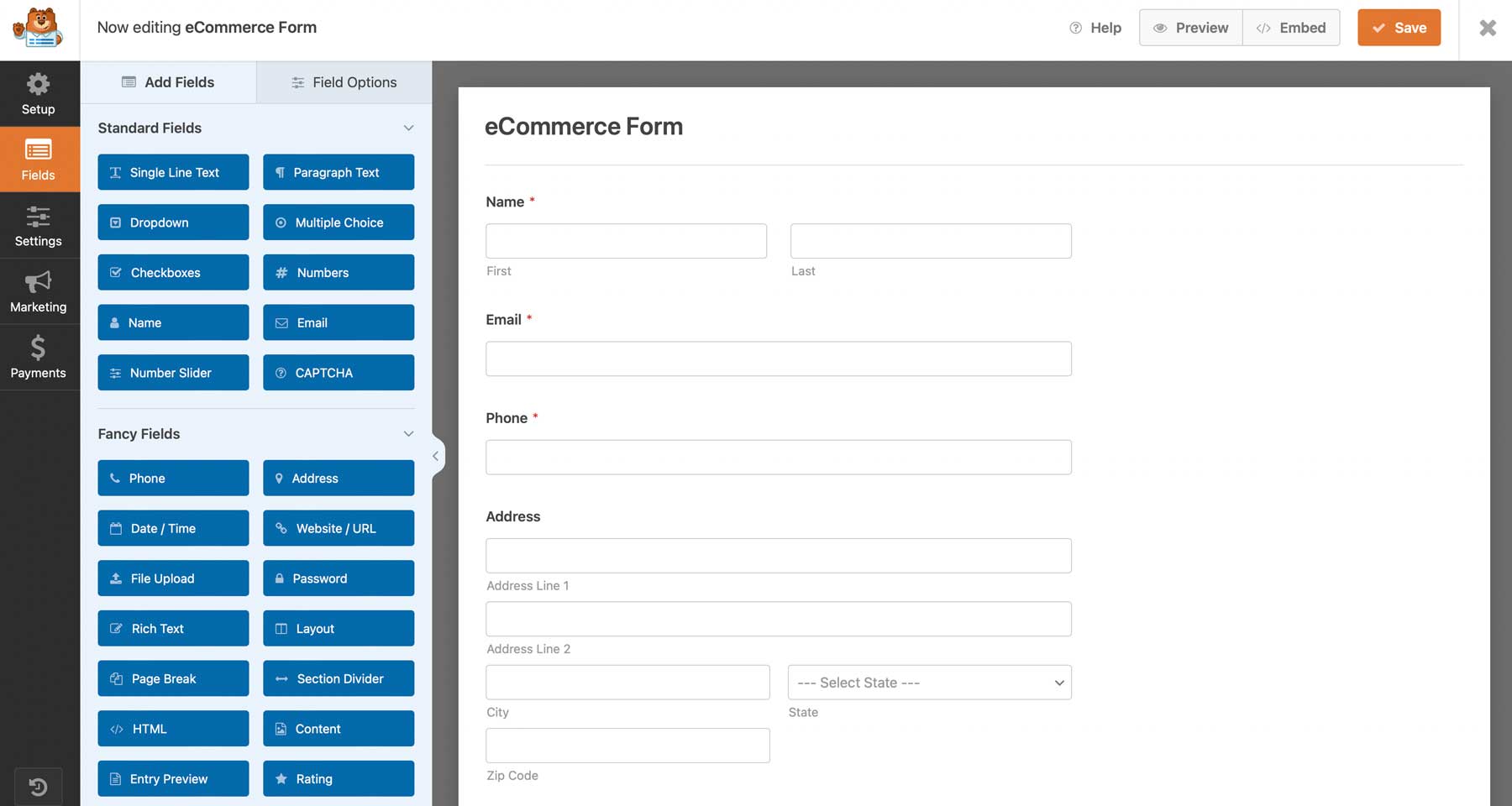 WP Forms ecommerce example