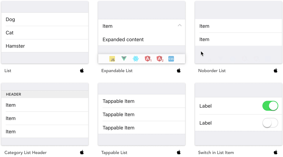 Screenshot: List examples for the Onsen UI Angular component library.