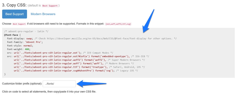 copy css markup to host fonts locally in google webfonts helper
